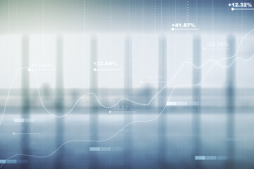 Multi exposure of abstract virtual graphic data spreadsheet sketch on modern interior background, analytics and analysis concept