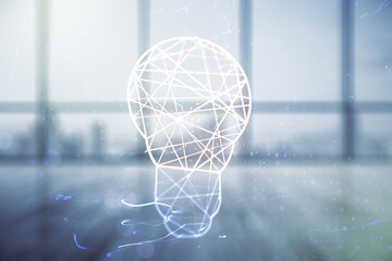 Double exposure of creative light bulb hologram on empty modern office background, research and development concept