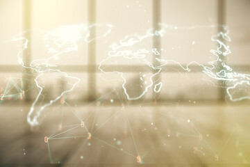 Abstract creative digital world map on modern interior background, globalization concept....