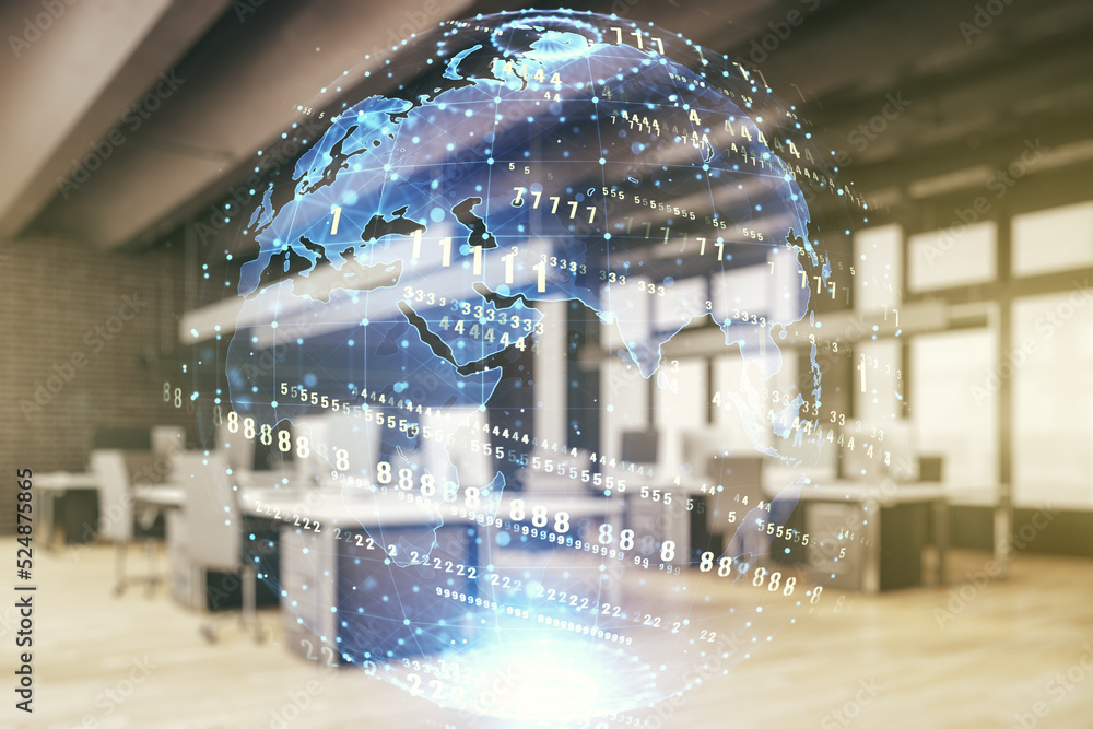 Aufkleber multi exposure of abstract software development hologram and world map on modern corporate office ba