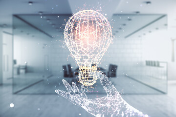 Abstract virtual light bulb hologram on a modern furnished office interior background, idea...