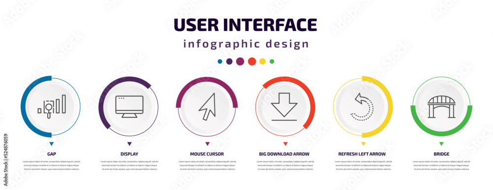 Poster user interface infographic element with icons and 6 step or option. user interface icons such as gap