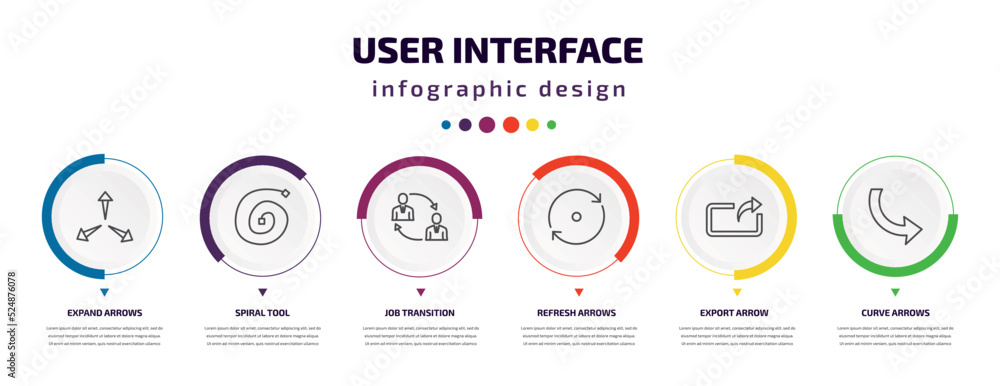 Poster user interface infographic element with icons and 6 step or option. user interface icons such as exp