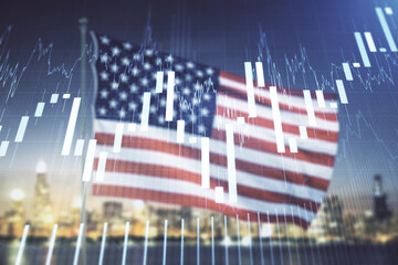 Multi exposure of virtual creative financial chart hologram on USA flag and blurry skyscrapers background, research and analytics concept
