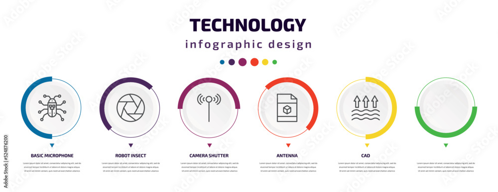 Poster technology infographic element with icons and 6 step or option. technology icons such as basic micro
