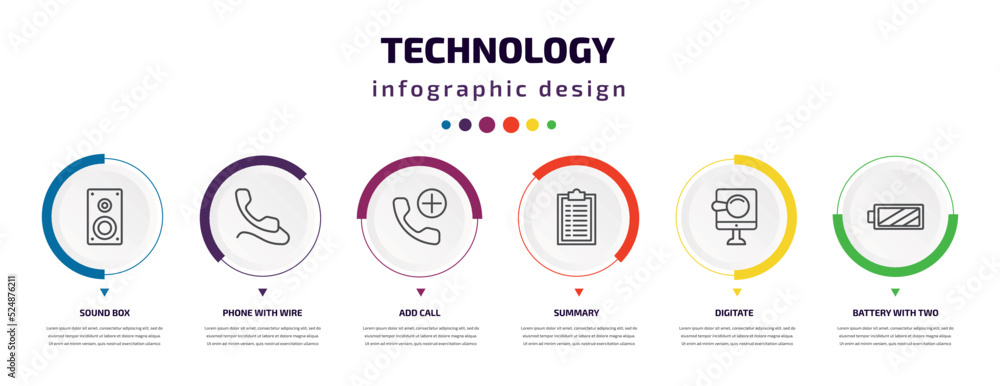 Poster technology infographic element with icons and 6 step or option. technology icons such as sound box, 