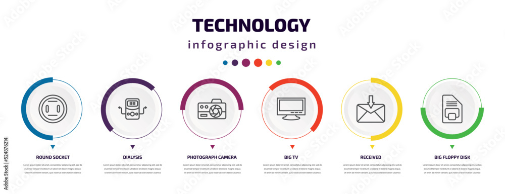 Poster technology infographic element with icons and 6 step or option. technology icons such as round socke