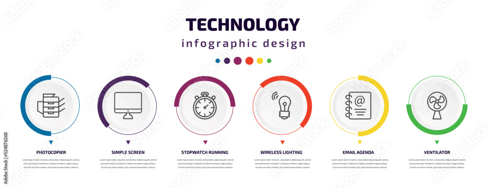 Poster technology infographic element with icons and 6 step or option. technology icons such as photocopier