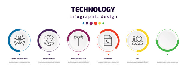 technology infographic element with icons and 6 step or option. technology icons such as basic microphone, robot insect, camera shutter, antenna, cad, evaporation vector. can be used for banner,