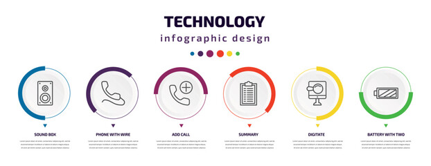 technology infographic element with icons and 6 step or option. technology icons such as sound box, phone with wire, add call, summary, digitate, battery with two bars vector. can be used for