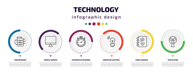 technology infographic element with icons and 6 step or option. technology icons such as photocopier, simple screen, stopwatch running, wireless lighting, email agenda, ventilator vector. can be