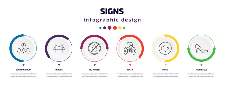 signs infographic element with icons and 6 step or option. signs icons such as waiting room, bridge, no water, death, mute, high heels vector. can be used for banner, info graph, web, presentations.