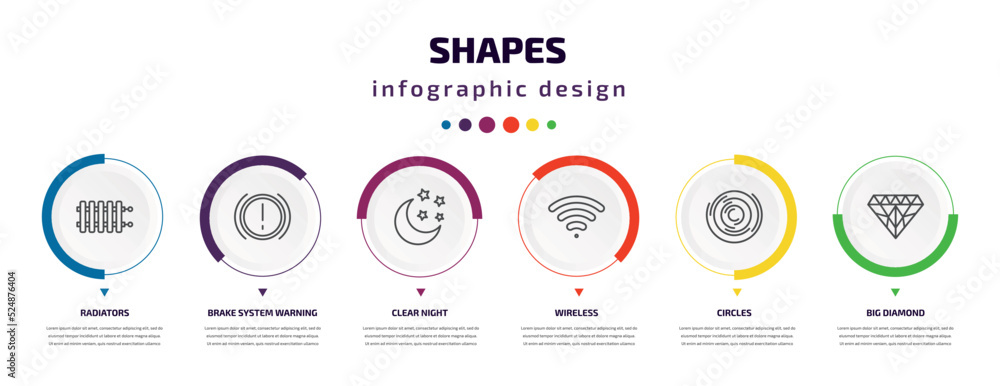 Poster shapes infographic element with icons and 6 step or option. shapes icons such as radiators, brake sy