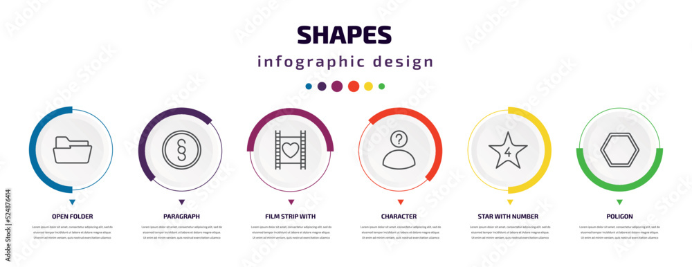 Poster shapes infographic element with icons and 6 step or option. shapes icons such as open folder, paragr
