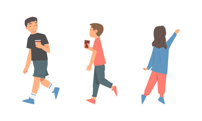 Teenage children walking down the street set cartoon vector illustration