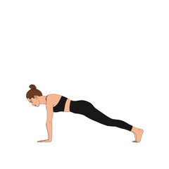 PNG Plank Pose / Phalakasana. Stretching flexible sport woman figure practicing doing yoga asana. The cartoon painting illustration poster of person practicing yoga without background.