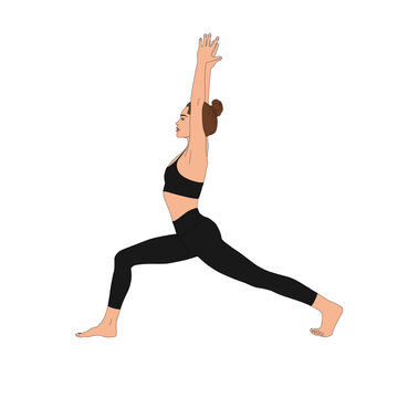 PNG Crescent Pose (High Lunge Pose) / Anjanyeasana (Warrior 1 Variation). The beautiful woman practicing yoga without background. The cartoon painting illustration poster of human doing basic asana.