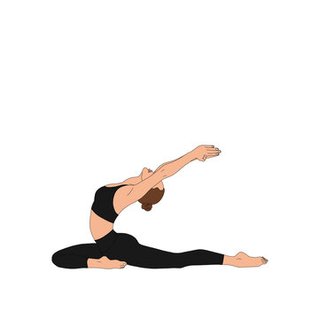 PNG Pigeon Pose / Eka Pada Rajakapotasana. Stretching flexible woman practicing doing yoga asana sitting figure. The cartoon illustration poster painting of person on without background.