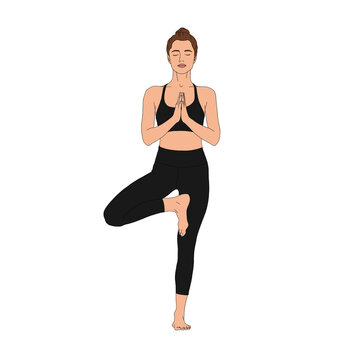 PNG Tree Pose / Vrkasana. Beautiful flexible standing woman practicing doing yoga basic asana without background. Meditating girl portrait fashion illustration poster picture, woman figure.