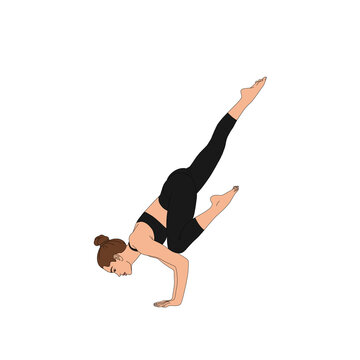 PNG Urdhva Galavasana / Flying Crow Pose. Flexible Woman doing stretch yoga asana pose exercise. Without background fashion cartoon painting illustration of woman figure.