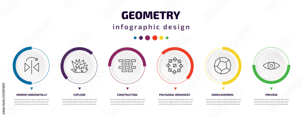 Poster geometry infographic element with icons and 6 step or option. geometry icons such as mirror horizont
