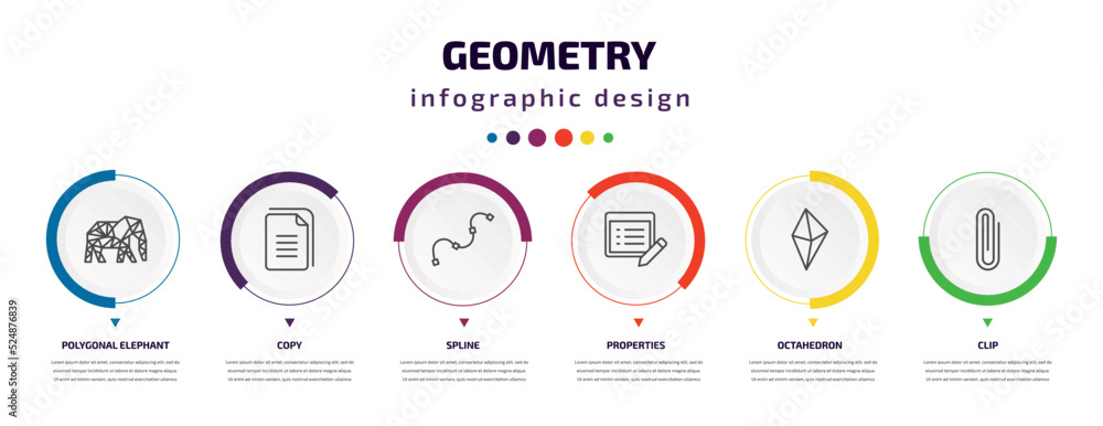 Poster geometry infographic element with icons and 6 step or option. geometry icons such as polygonal eleph