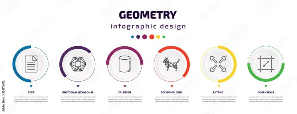 Poster geometry infographic element with icons and 6 step or option. geometry icons such as text, polygonal