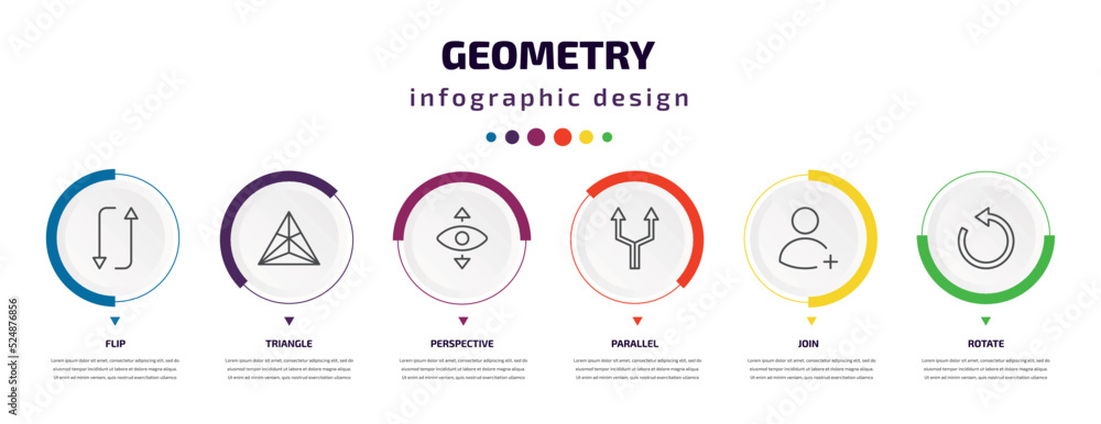Poster geometry infographic element with icons and 6 step or option. geometry icons such as flip, triangle,