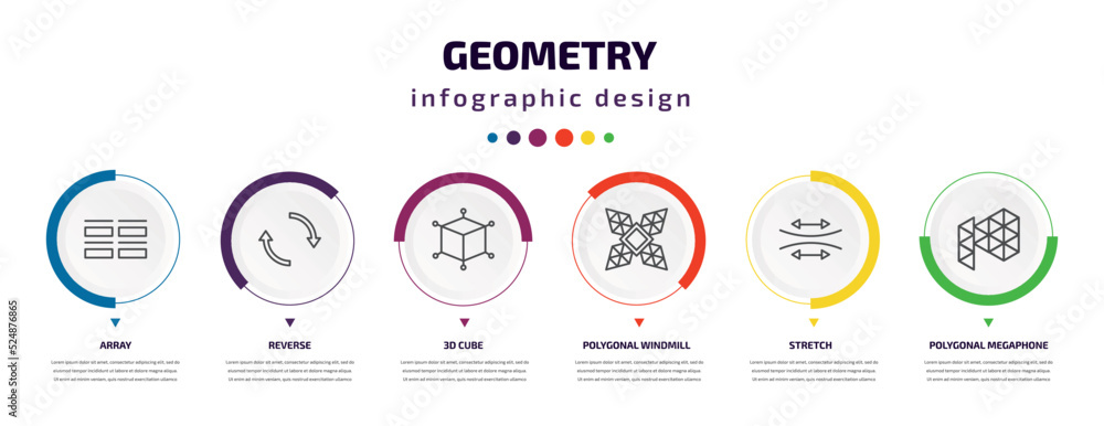 Poster geometry infographic element with icons and 6 step or option. geometry icons such as array, reverse,