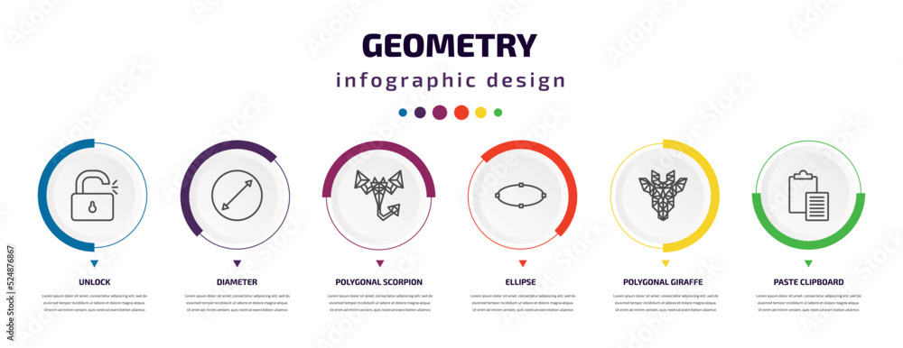 Poster geometry infographic element with icons and 6 step or option. geometry icons such as unlock, diamete