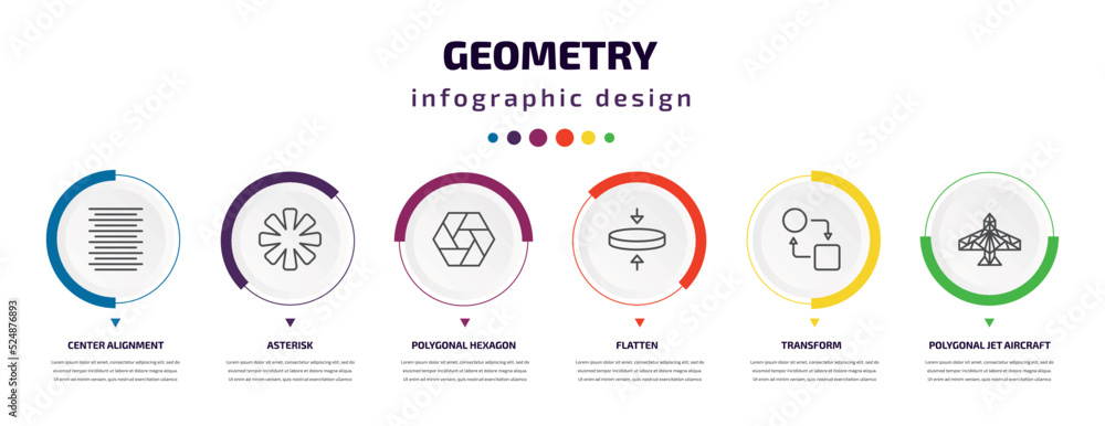 Poster geometry infographic element with icons and 6 step or option. geometry icons such as center alignmen