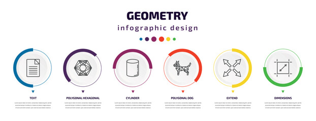 geometry infographic element with icons and 6 step or option. geometry icons such as text, polygonal hexagonal, cylinder, polygonal dog, extend, dimensions vector. can be used for banner, info