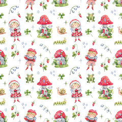 Cartoon, watercolor seamless background with fly agaric houses, fairy elves, frogs and forest plants. Seamless pattern with watercolor forest illustrations in cartoon style.