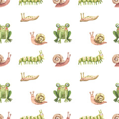Cute cartoon pattern with forest insects, slugs, snails and frogs. Seamless background with forest insects and amphibians in kids style. Watercolor illustration.
