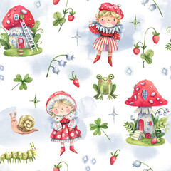 Cute cartoon seamless background with fly agaric houses, elves in fly agaric costumes and forest plants. Amanita, frogs, children and mushroom houses seamless pattern. Watercolor illustration.