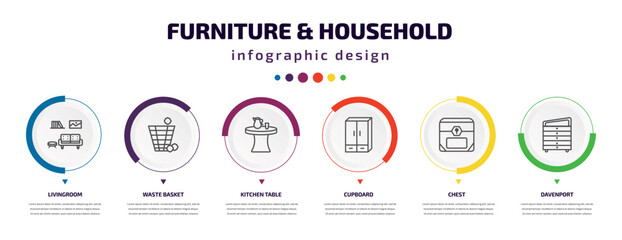 furniture & household infographic element with icons and 6 step or option. furniture & household icons such as livingroom, waste basket, kitchen table, cupboard, chest, davenport vector. can be used