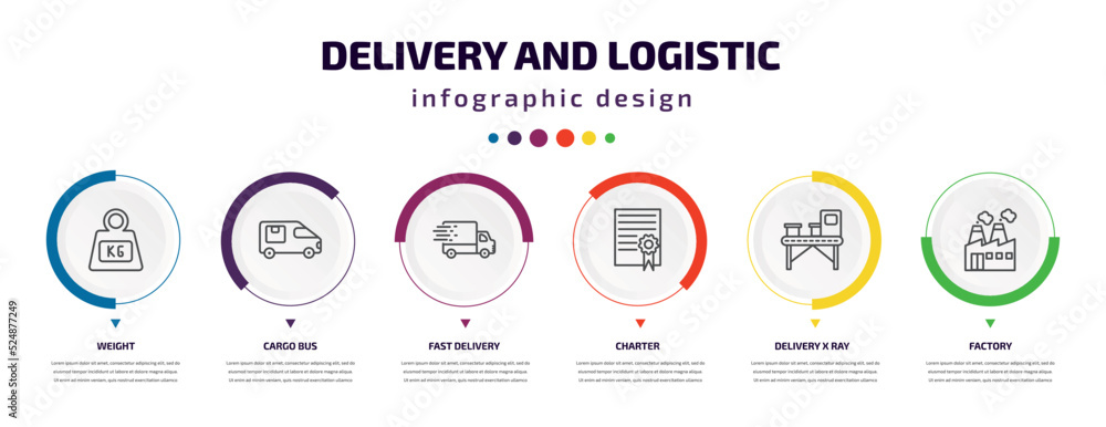 Poster delivery and logistic infographic element with icons and 6 step or option. delivery and logistic ico