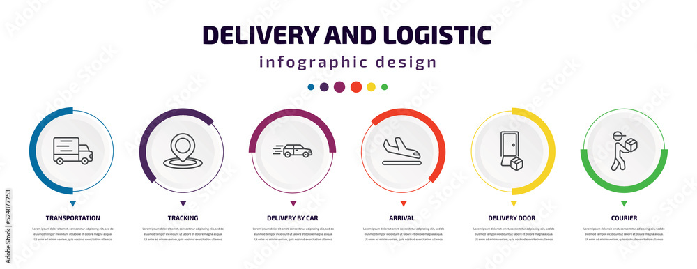 Poster delivery and logistic infographic element with icons and 6 step or option. delivery and logistic ico