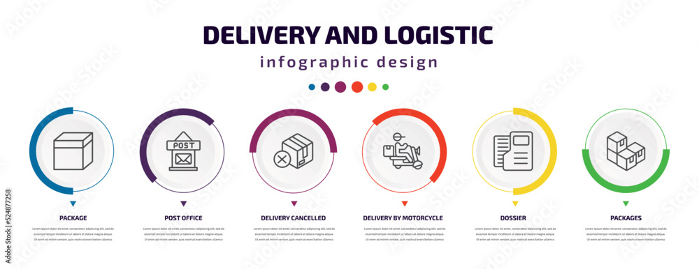 Aufkleber delivery and logistic infographic element with icons and 6 step or option. delivery and logistic ico
