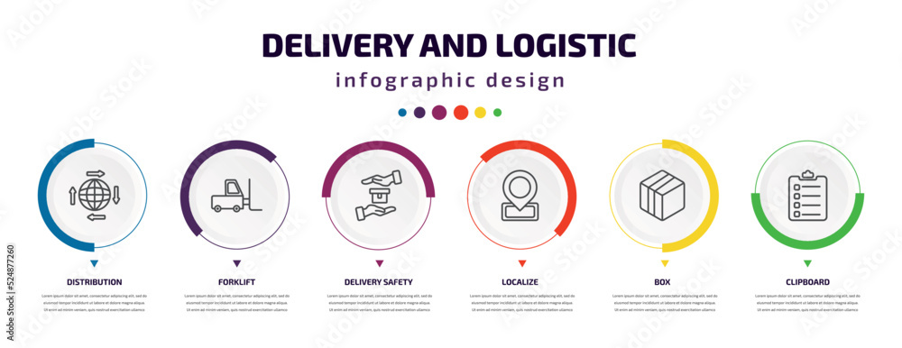 Poster delivery and logistic infographic element with icons and 6 step or option. delivery and logistic ico