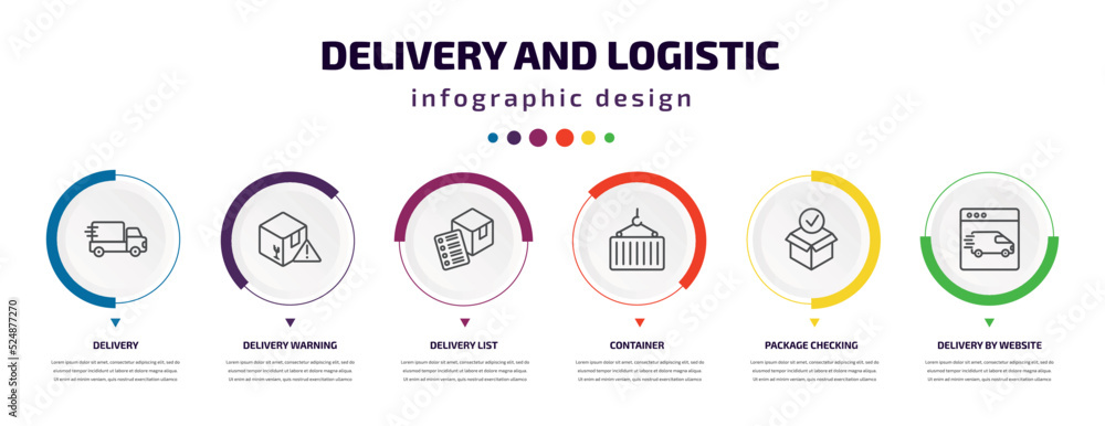 Poster delivery and logistic infographic element with icons and 6 step or option. delivery and logistic ico