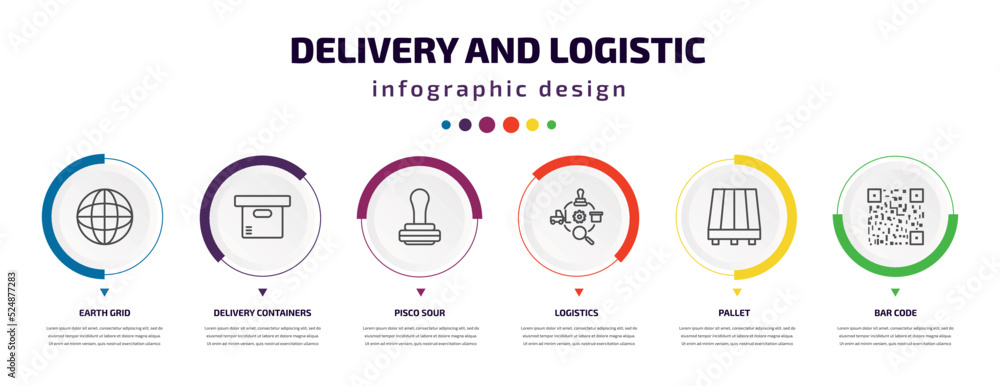 Aufkleber delivery and logistic infographic element with icons and 6 step or option. delivery and logistic ico