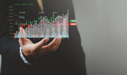 Technology and investment concepts in company finance. Investments in stock market funds and digital assets. Businessman analyzing financial data graph of Forex trading. financial business background