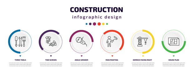 construction infographic element with icons and 6 step or option. construction icons such as three tools, two screws, angle grinder, man painting, derrick facing right, house plan vector. can be