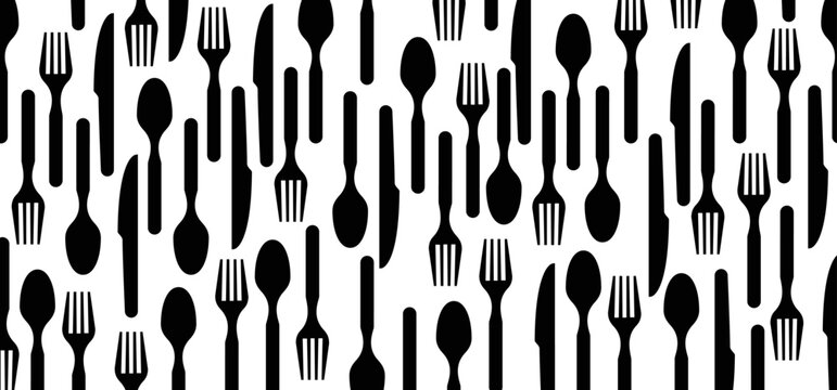 Cartoon cutlery, fork, spoon, knife silhouette pattern. Vector icon or symbol banner. seamless food patterns. Food, restaurant, menu. spoons, knives, forks. Kitchen element or tools. kitchen utensils.