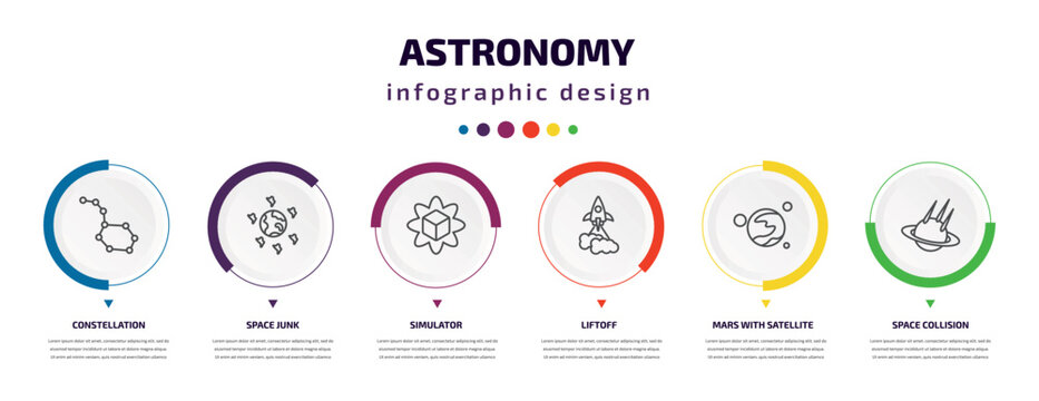 Astronomy Infographic Element With Icons And 6 Step Or Option. Astronomy Icons Such As Constellation, Space Junk, Simulator, Liftoff, Mars With Satellite, Space Collision Vector. Can Be Used For