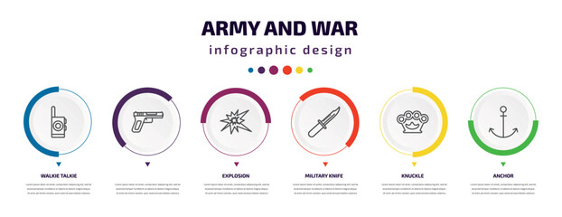 army and war infographic element with icons and 6 step or option. army and war icons such as walkie talkie, , explosion, military knife, knuckle, anchor vector. can be used for banner, info graph,