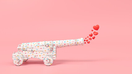3D Illustration concept of a cannon of love that shoots hearts instead of bombs.  Love wins in the end. Pastel pink background..