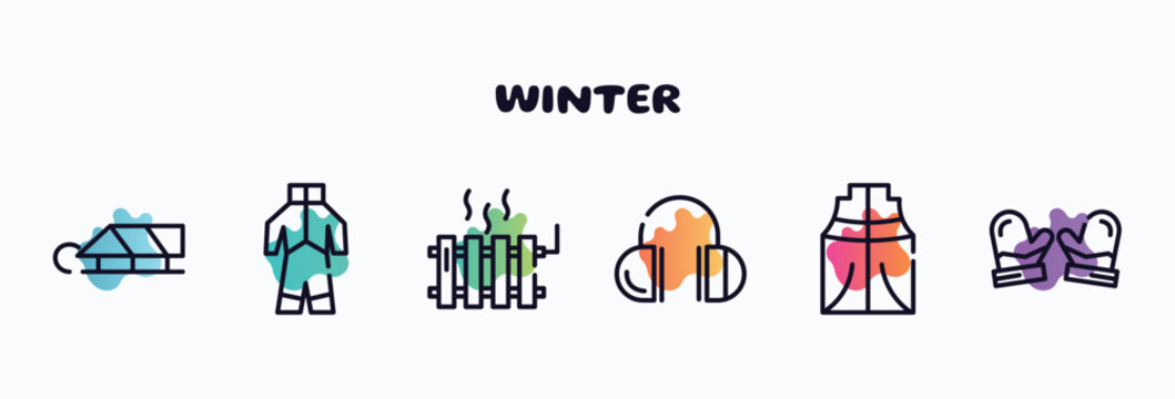 winter outline icons set. thin line icons such as sledge, snowsuit, heater, earmuffs, anorak vest, mittens icon collection. can be used web and mobile.