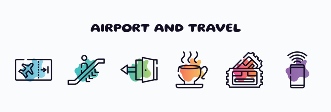 airport and travel outline icons set. thin line icons such as boarding ticket, or going down, exit, teacup, pair of cinema tickets, smartphone with wifi icon collection. can be used web and mobile.